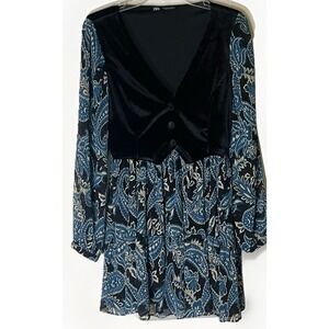 Zara Blue Black Floral Print Mini Dress w/ Velvet Waistcoat Women's Size S